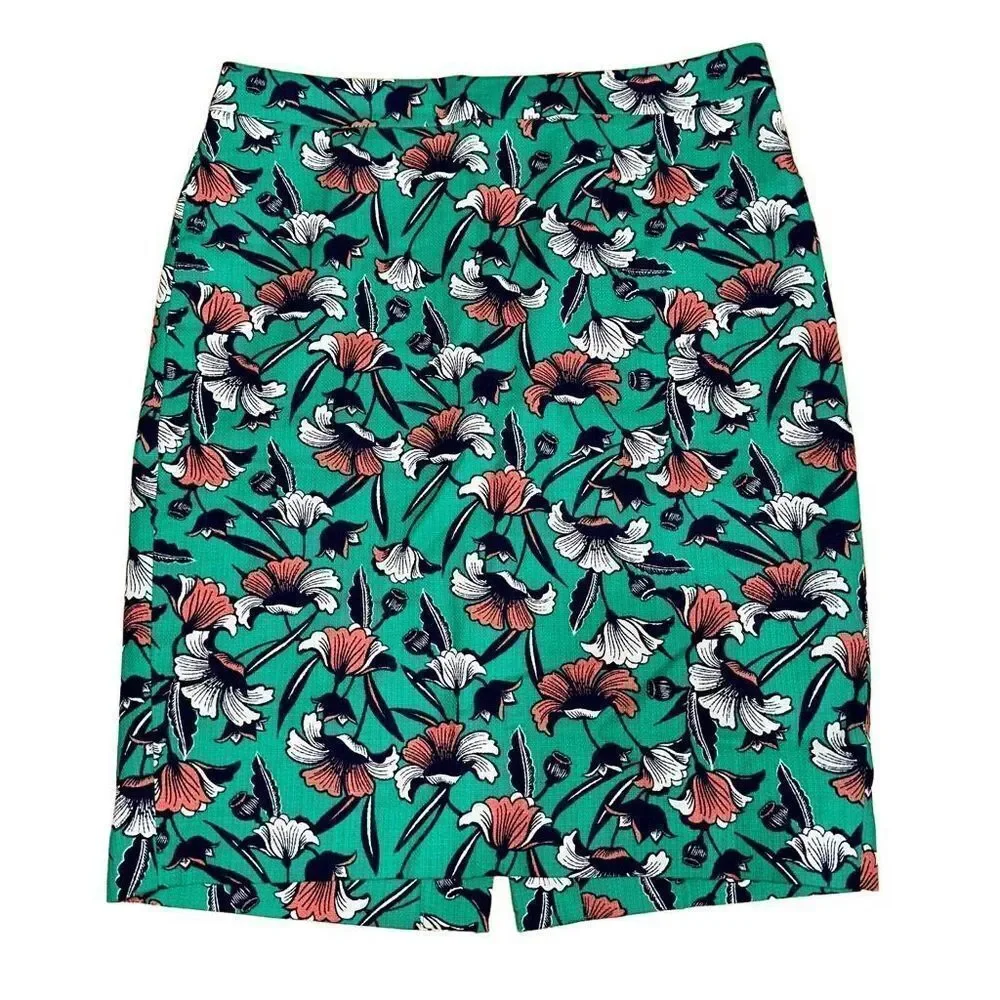 J by J. Crew Green Tropical Floral Pencil Skirt Womens 4 Colorful Preppy Cotton